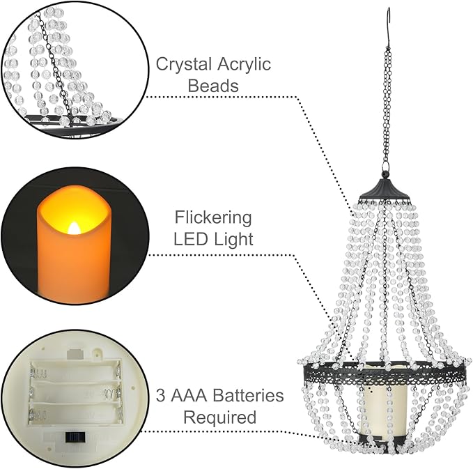 Hanging Candle Lantern Outdoor, 27” Battery Operated Modern Clear Acrylic Crystal Chandeliers with Flickering Yellow Led Candle Light S Hooks for Garden, Backyard, Gazebo, Room Indoor Indoor Decor