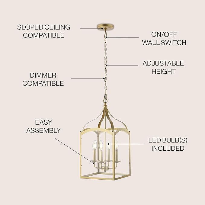 JONATHAN Y 11" Antique Gold 4-Light Traditional Lantern Pendant Light, Metal and Clear Glass Shade, Classic Chandelier for Foyer, Kitchen Island, LED Bulbs Included (JYL7403C)