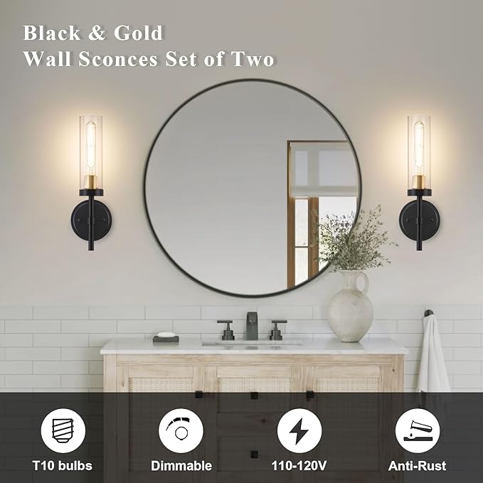 Hardwired Wall Sconces Set of Two, Black and Gold Bathroom Vanity Sconces Wall Lighting with Clear Glass Shade, Modern Farmhouse Wall Mount Lights for Mirror Bedroom Living Room Hallway Kitchen