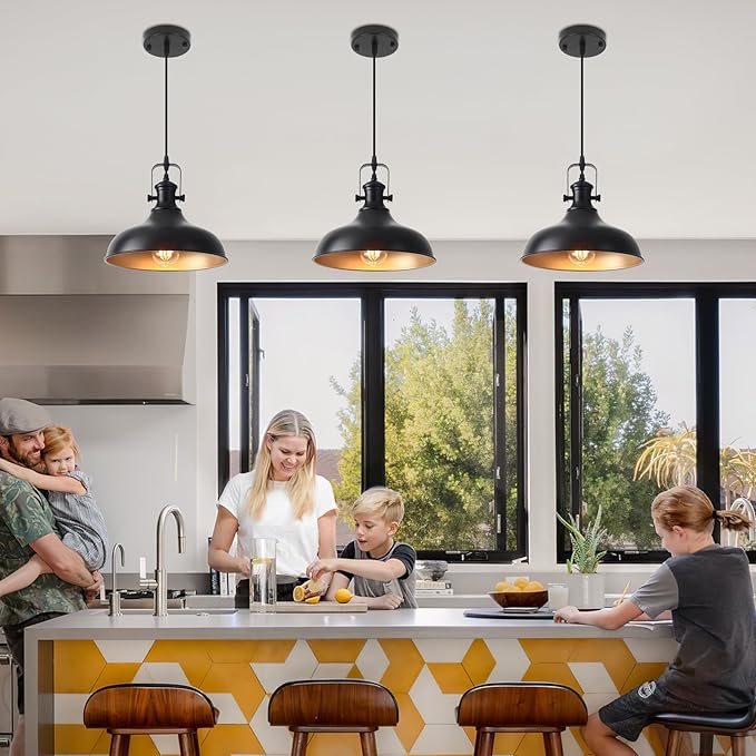 Black Pendant Lights Kitchen Island 3 Pack, 11.41" Kitchen Pendant Lighting, Farmhouse Pendant Light, Industrial Pendant Light, Island Lights for Kitchen Dining Room Bedroom