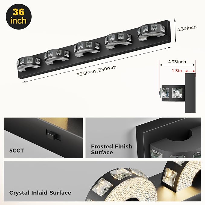 Modern Bathroom Vanity Lights 36.6 inch 5 Color Temperature Black Light Fixtures for Bathroom Above Mirror(5-Light,Dimmable)crystal Bathroom Light Fixtures for Mirror,Living Room,Kitchen,Hallway