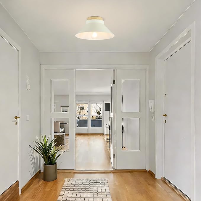 11.8'' Modern Ceiling Light Fixtures, Cream White Metal Flush Mount Light Fixtures with Natural Wood Accent, Farmhouse Semi Flush Mount Ceiling Lights for Kitchen, Hallway, Entryway,Laundry Room