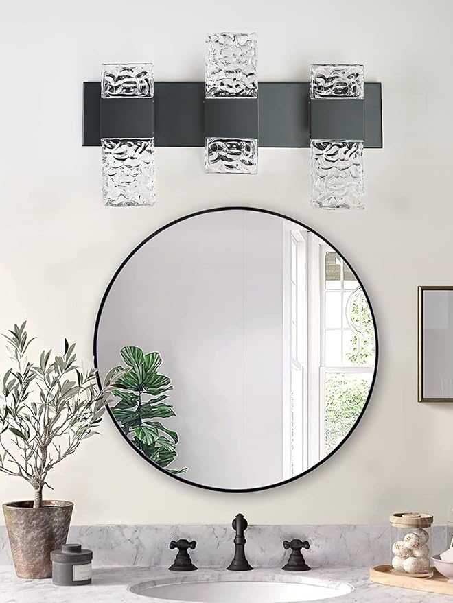 Black Bathroom Light Fixtures Crystal Bathroom Vanity Light 3 Light Over Mirror Modern LED Wall Light for Bathroom，6000K Cool Light，30 Watts