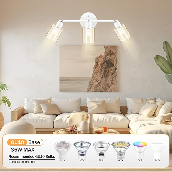 BoostArea 3-Light Bathroom Light Fixtures, White Modern Vanity Wall Lights with Clear Glass Shade,Flexibly Ceiling Light for Mirror Kitchen Living Room Hallway Cabinet Porch