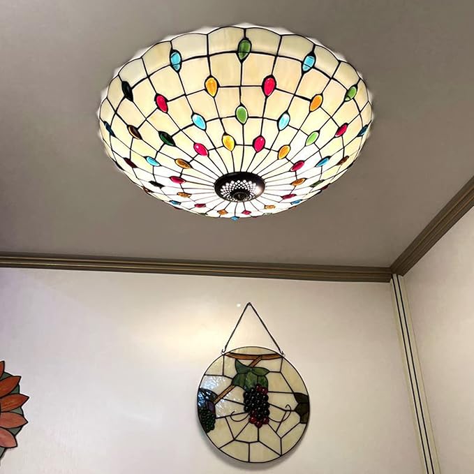 Tiffany Flush Mounts Ceiling Lights,Peacock Blue Crystal Beads Stained Glass Lampshade Ceiling Lamp for Kitchen Dining Room Livingroom Bedroom Ceiling Chandeliers Pendant Light,Multicolor,16in