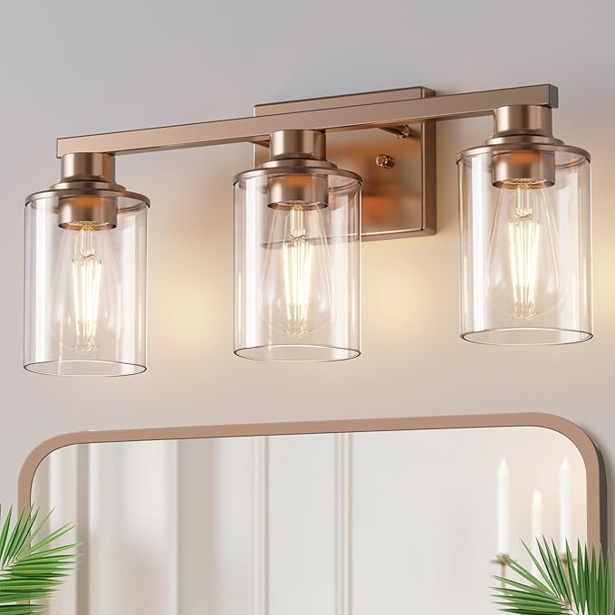 DORESshop 17 Inch Bathroom Light Fixtures, 3-Light Antique Patina Bathroom Lighting Fixtures Over Mirror with Clear Glass Shade, Vanity Lights for Living Room Bedroom