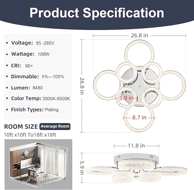 OKELI Modern Ceiling Light, 8 Rings 26.8'' Dimmable LED 106W Flush Mount Ceiling Lights with Remote Acrylic Crystal Round Ceiling Light Fixture, Bedroom Living Room Dining Room, Chrome