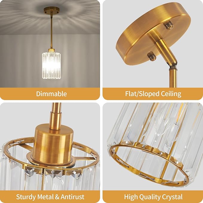 Brushed Gold Crystal Pendant Lights Kitchen Island, Modern Pendant Lighting Over Island Kitchen Hanging Light Fixtures Adjustable Mini Pendant Light for Dining Room Bathroom Entryway Hallway Foyer