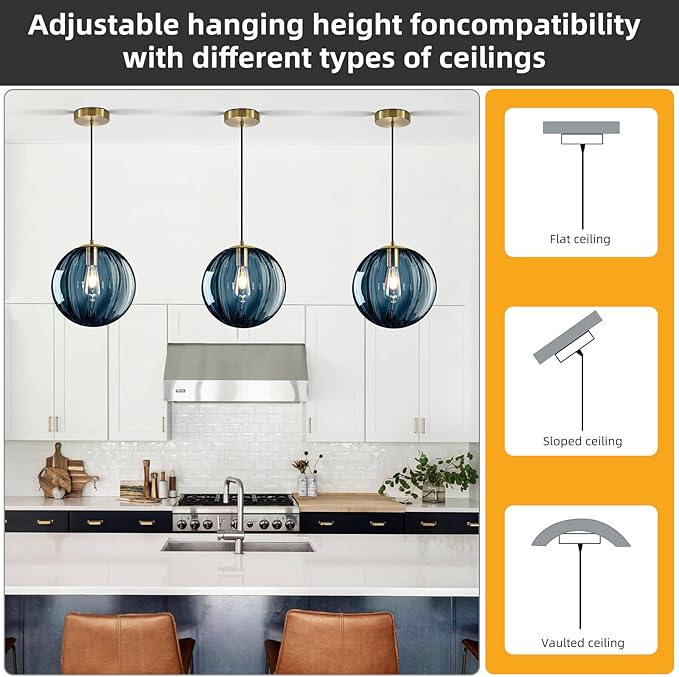 Modern Blue Glass Pendant Light, Kitchen Island Lighting 3-Pack Globe Pendant Light Fixtures Century Kitchen Island Pendant Lighting for Bedroom Living Dining Room Light Fixture (Without Bulb)