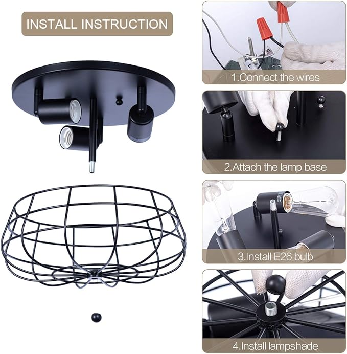 VILUXY Industrial Black Semi Flush Mount Ceiling Light 3-Light Rustic Ceiling Lamp Fixture with Metal Cage for Kitchen Living Room Dining Room Bedroom Hallway