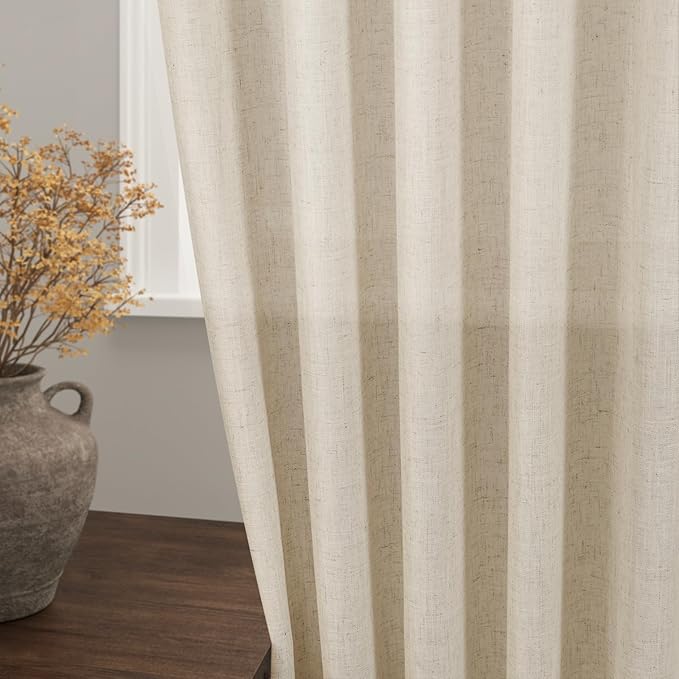 Tan Beige Linen Curtains 90 inch Length for Living Room 2 Panel Set Burlap Textured Semi Sheer Linen Drapes Rustic Country Window Treatment Farmhouse Drop Cloth Curtain 90 inches Long for Dinning Room