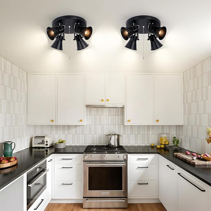 SEEBLEN 4-Light Industrial Track Lighting with Pull Chain On/Off Switch, Adjustable Round Kitchen Ceiling Light, Morden Black Flush Mount Directional Light for Kitchen, Hallway, Dining Room.