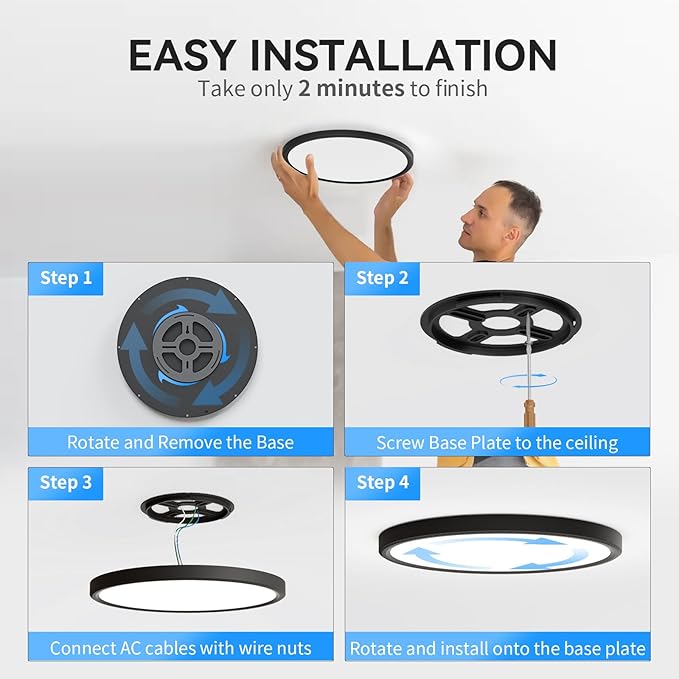 6Pack 3200lm LED Flush Mount Ceiling Light, Super Slim 12 inch LED Ceiling Light, 5000K LED Ceiling Light for Bedroom, Living Room, Dining Room (Black, Six Pack)