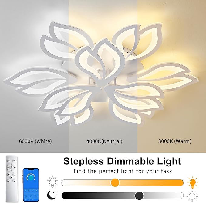 Modern Ceiling Light with APP & Remote Control, Dimmable LED Flush Mount Chandelier with 3-Color, Black Acrylic Flower Ceiling Light Fixture for Living Room Dining Room Bedroom Kitchen-9-Leaves