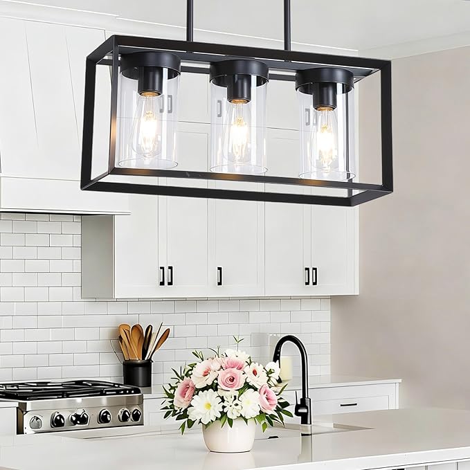 Black Rectangle Farmhouse Chandeliers, 3-Light Dining Room Light Fixture with Clear Glass Shades,Modern Metal Industrial Kitchen Island Lighting Fixtures Ceiling Hanging Pendant Lights