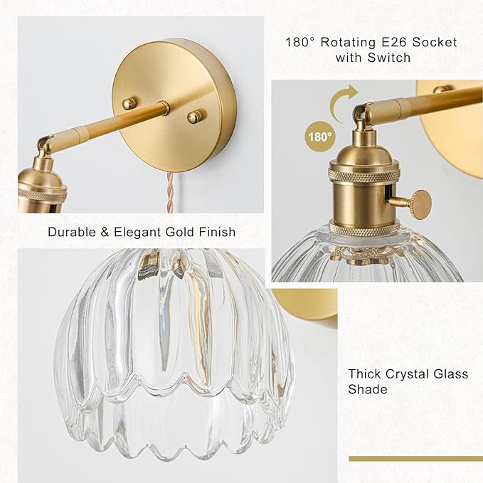 Plug in Wall Sconces Set of 2, Vintage Wall Sconce Light with Tulip Transparent Glass Lampshade, Bedroom Wall Sconce with Switch and Plug in wall lamp Cord, Gold Wall Light Wall Decor Set of 2