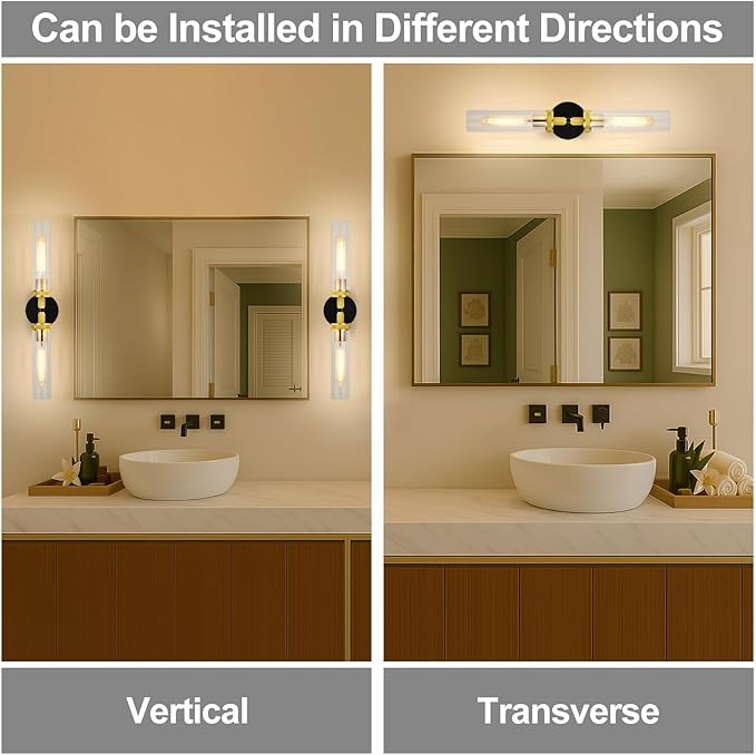 LaLuLa Black and Gold Vanity Light Fixtures – Modern Hardwired Dual-Light Wall Sconces with Rippled Glass Shades, Textured Metal Bathroom Lighting for Over Mirror or Hallway, 25" Height