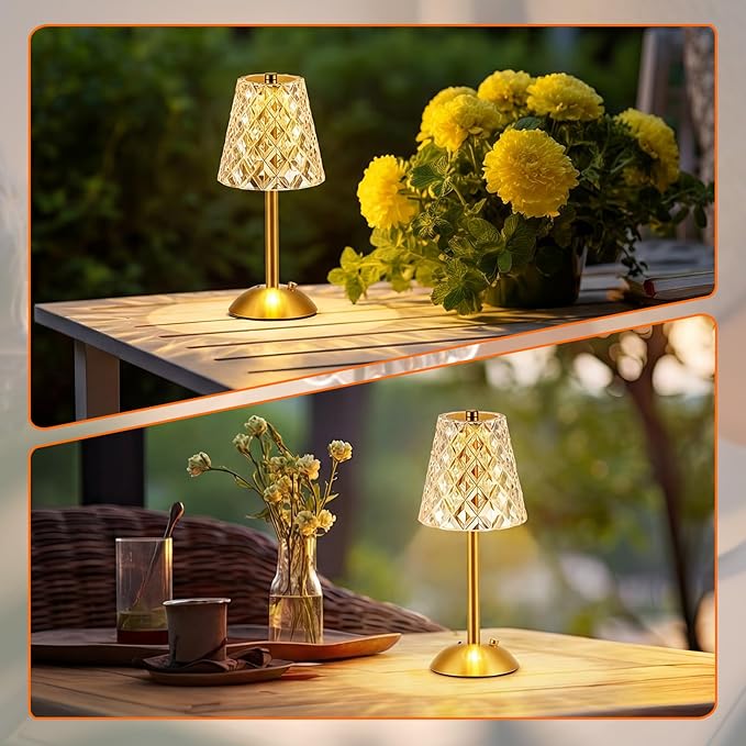 Liliful 2 Pcs Cordless Table Lamp Rechargeable Touch LED Small Gold Portable Battery Operated USB-c Desk Lamp 3 Color Dimmable for Bedroom Living Room Dining (Gold,Diamond Style)