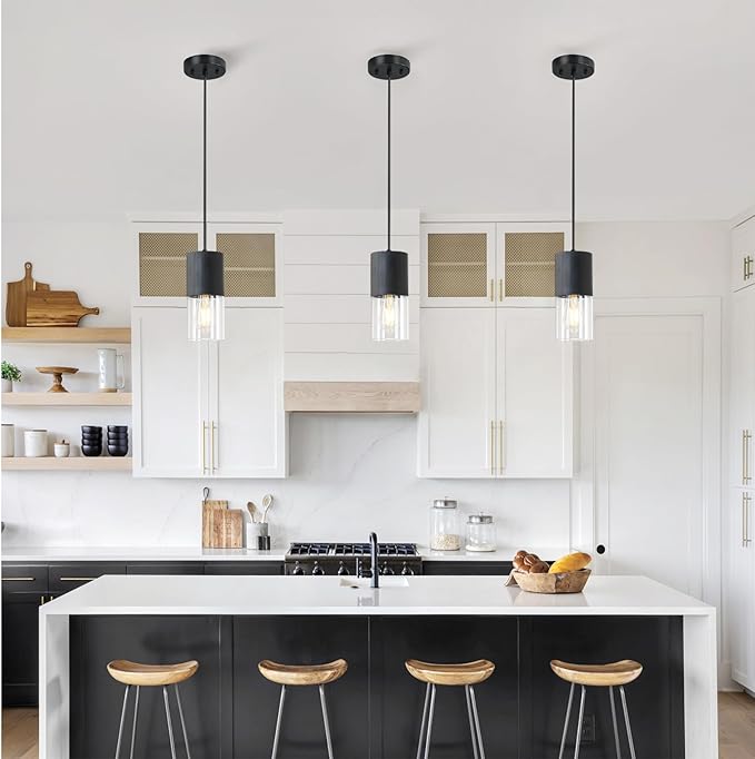 Black Pendant Light Fixtures, Adjustable Modern Pendant Lights for Kitchen Island, Industrial Clear Glass Pendant Lights for Dining Table Hallway Bedroom Living Room, 1 Pack