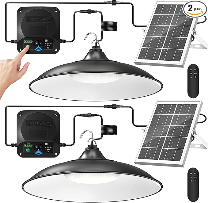 Solar Shed Light Indoor Outdoor, 2Pack 2000LM Motion Sensor Pendant Light, Daytime Available Solar Indoor Lights with 4 Lighting Modes Remote Control for Barn, Patio, Gazebo, Shop, Garage