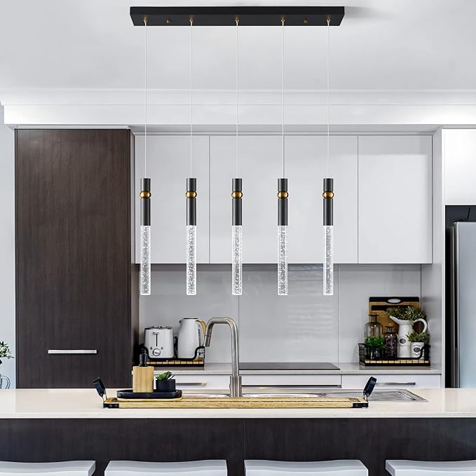 LMQNINE 5 Light Dining Room Light Fixtures Ceiling Dimmable LED Modern Black Kitchen Island Pendant Light with Bubble Crystal Pendant Light for Kitchen Island Bedroom Hallway Entryway (5-Light)…