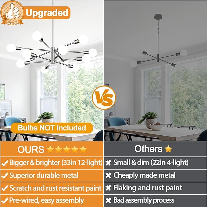 MQMQA 33" Modern Chandelier Ceiling Light Fixture, 12-Light Sputnik Chandeliers Chrome Mid Century Chandelier Over Table, Height Adjustable Chandeliers for Dining Room Living Room Kitchen