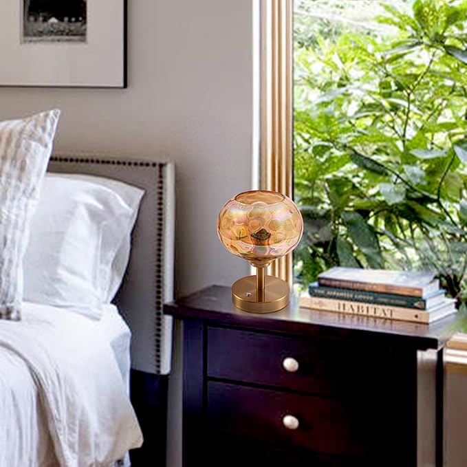 Touch Control Hammered Glass Table Lamp Brass Gold Portable Dimmable Brightness Small Nightstand Light 3-Way Stepless Dimming Bedside Bedroom Living Room (Colorful Amber Glass & Gold)