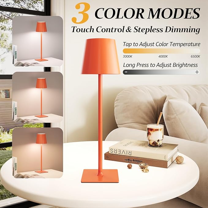 CHLORANTHUS 2 Pack Cordless Table Lamps, 3 Colors Stepless Dimming, 5000mAh Rechargeable Battery LED Desk Lamp for Bedroom/Couple Dinner/Desk/Cafe/Dining Room/Terrace