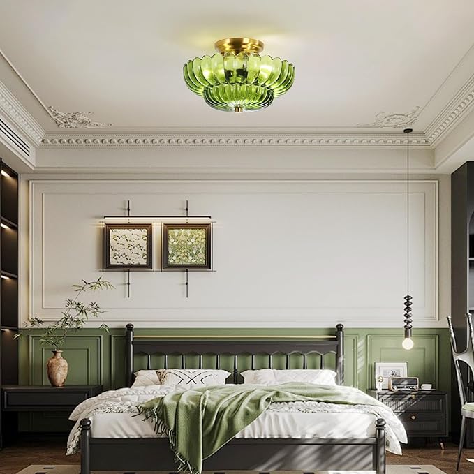 Semi Flush Mount Ceiling Light Fixture Vinatge Gold Ceiling Lights Mid Century Modern Green Glass Close to Ceiling Lighting Fixtures for Bedroom Hallway Foyer Bathroom Kitchen Laundry Room Nursery