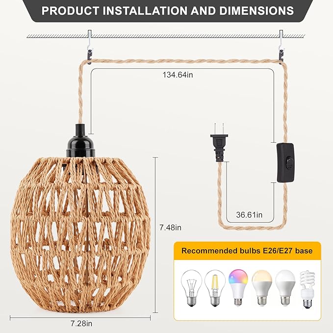 FRIDEKO HOME Hanging Lamps Hanging Light 15ft Plug in Pendant Light - Pendant Light with On Off Switch Plug in Cord Pendant Light Fixture E26 E27 Light SocketCord for Bedroom Living Room (Bohemia)