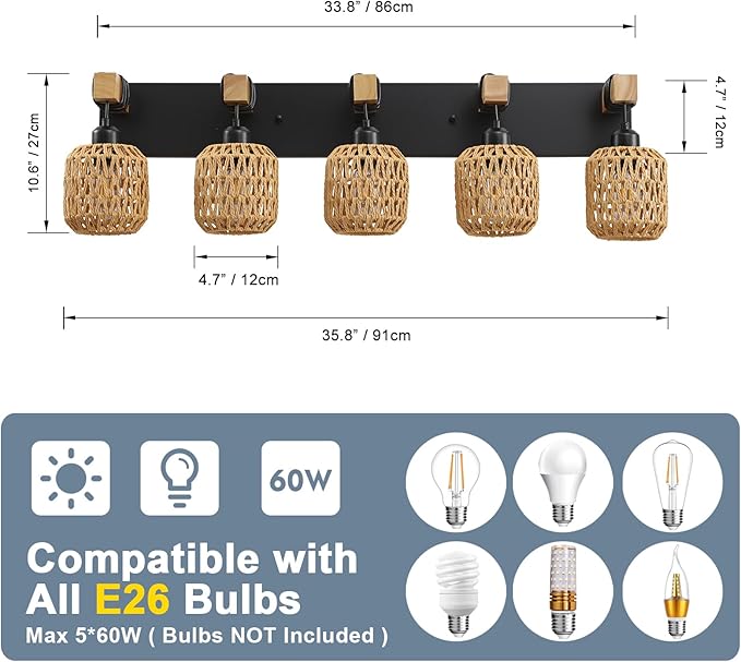 LmnLvn 36" Boho Bathroom Light Fixture, 5-Light Farmhouse Vanity Light, Rattan Bathroom Light Fixture Over Mirror Rustic Vanity Lighting with Handwoven Shades, Suit for Restroom, Bedroom, Hallway