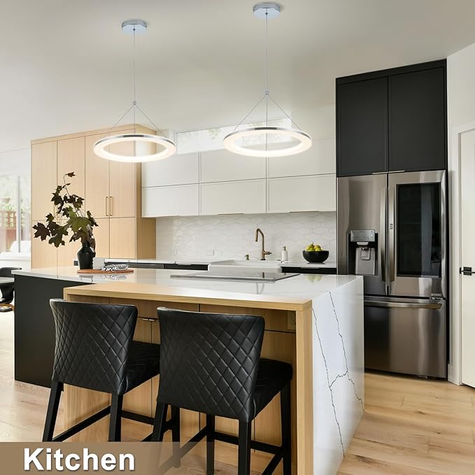 CHYING LED Pendant Lights Kitchen Island, 15.8" 18W Warm White Modern Ring Chandelier, Adjustable Height Silver Hanging Pendant Ceiling Light for Dining Room Bedroom Hallway Entryway, 3000K