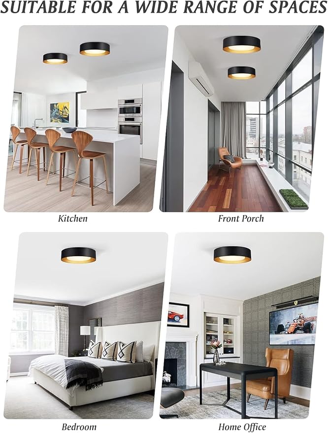 Vikaey Modern Flush Mount Ceiling Light, 3-Light Minimalist Round Close to Ceiling Light Fixture, Black and Gold Drum Ceiling Lamp with Glass Lampshade for Bedroom, Living Room, Kitchen, 16.5in