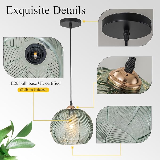 Vintage Pendant lamp 2 Pack Glass Pendant Lighting Kitchen Island Hand Blown 1-Light Modern Pendant Light with Green Glass Shade for Dining Room Bedroom Living Room