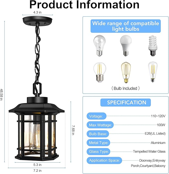 WIHTU Outdoor Pendant Light Fixture, Exterior Hanging Lights, Hanging Lantern with Adjustable Chain, Anti-Rust Aluminum Frame with Glass with Raindrop Effect for Front Door Ceiling Entry Porch
