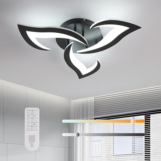 Goeco Modern Ceiling Light, Dimmable Black Acrylic Ceiling Light with Remote Control (3000K-6500K), 3-Head Flower Shape LED Ceiling Lamp for Living Room, Bedroom, Dining Room, Kitchen