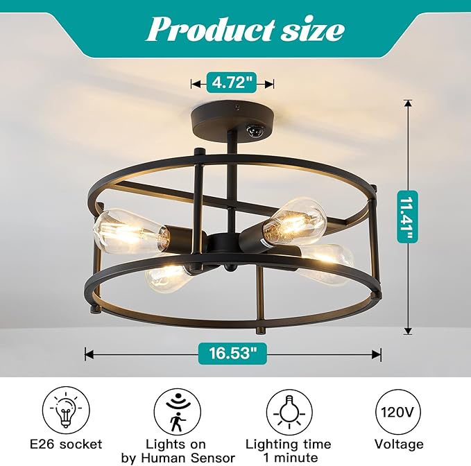 hesoge Motion Sensor Ceiling Light Indoor Industrial 4 Light Semi Flush Mout Ceiling Light Fixture Black Overhead Light for Entryway Hallway Closet Porch Front Farmhouse