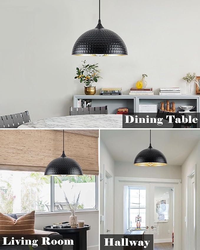 Black Pendant Lights Kitchen Island 3 Pack, 12 Inch Hammered Dome Pendant Light, Farmhouse Kitchen Pendant Lights, Industrial Hammered Pendant Light for Kitchen, Dining Room, Barn