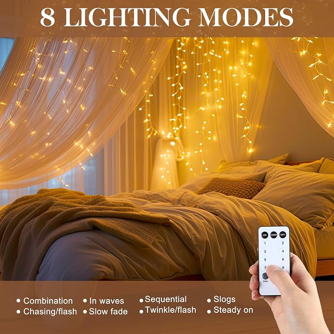 Aurelema 900 LED 30 x 9.5 Ft Christmas Curtain Lights 8 Modes Outdoor Fairy Lights with Remote Plug in Hanging String Fairy Light Waterproof for Bedroom Wall Window Backdrop Wedding Christmas Decor