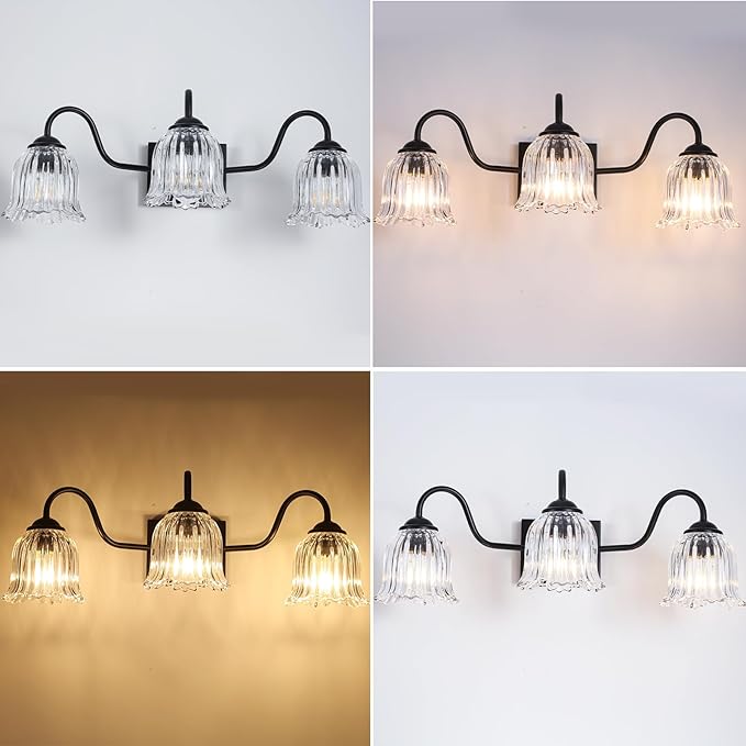 Vintage Bathroom Light Fixture, Black 3-Light Vanity Light Fixtures with Crystal Glass Shades, Matte Vanity Lighting Fixture Modern Wall Sconces for Bedroom Dressing Room Living Room