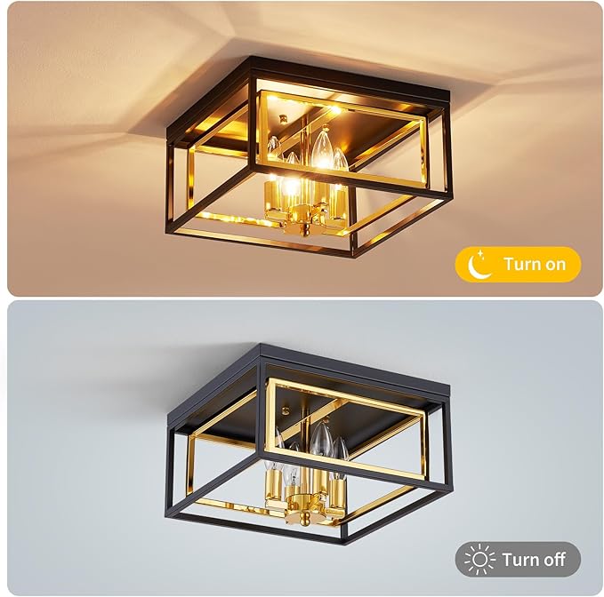 Square Ceiling Light, 4-Light Flushmount Modern Close to Ceiling Light Fixture for Living Room, Bedroom, Dining Room, L13 x W13 x H7 inch, Black & Gold Finish Frame