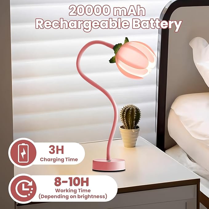ONXE Flower Table Lamp,Rechargeable Vintage Reading Light Tulip Desk Lamps,3 Colors Modes Bedside Lamps Decor,Living Room Bedroom Room Lighting Night Light Home Valentine Gifts for Women & Teens