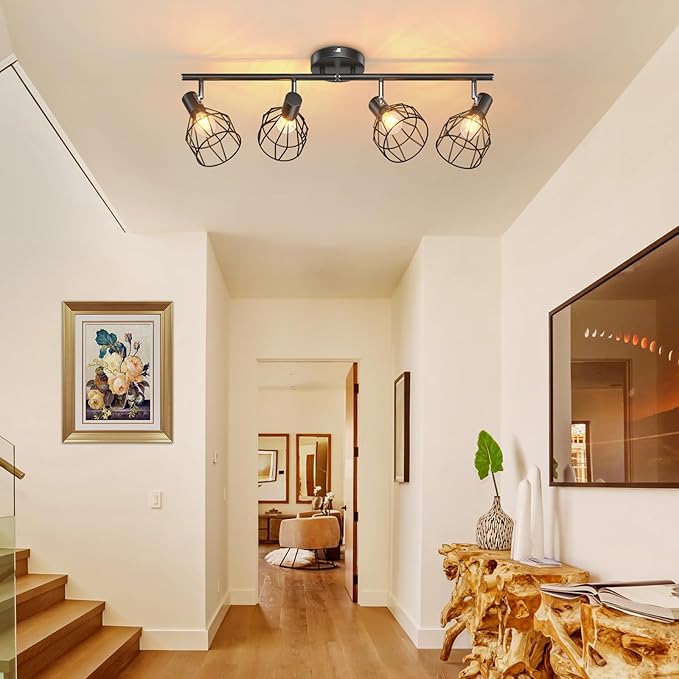 GORDNWE 4-Light Kitchen Track Lighting, Adjustable Metal Wire Cage Ceiling Light with E12 Base, Track Lighting Fixtures Black Farmhouse Ceiling Light Fixture Fits for Bedroom Living Room