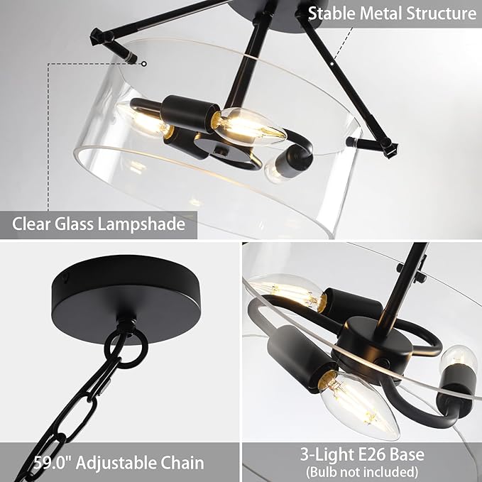11.0" Black Glass Chandelier Ceiling Light Fixture,3-Light Adjustable Pendant Lights with Clear Glass Shade Modern Drum Chandeliers for Dining Room Over Table Kitchen lsland Hallway Foyer,E12