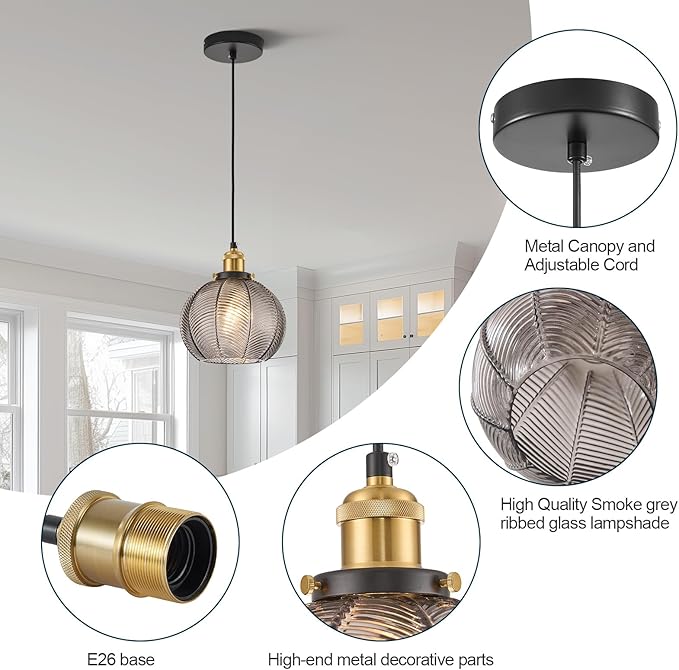 7.8in Vintage Pendant Light 2- Light Kitchen Sink Pendant Lights with Smoke Sray Hand Blown Glass Small Hanging Lamp for Kitchen Island Dining Room Bedroom Bathroom Hallway E26