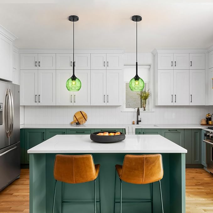 JHLBYL Glass Pendant Lights Kitchen Island: 5.91'' 1-Light Green Hammered Glass Pendant Light with Black Finish - Modern Minimalist Hanging Light Fixture for Kitchen Sink Dining Room - E26 Base