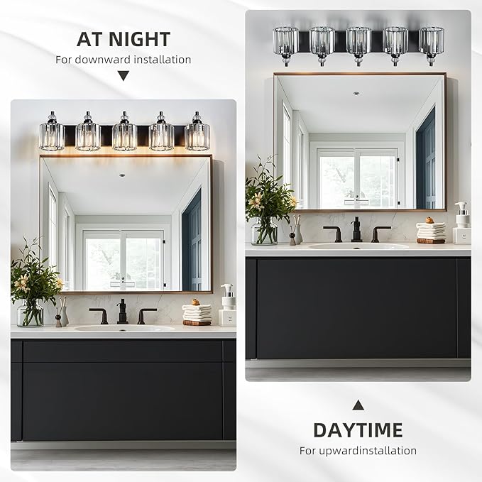 5-Light Black Bathroom Light Fixtures Over Mirror Modern Vanity Lights Crystal Wall Sconce Vintage Bathroom Lighting with Crystal Shade E26 Base for Bedroom, Living Room, Hallway