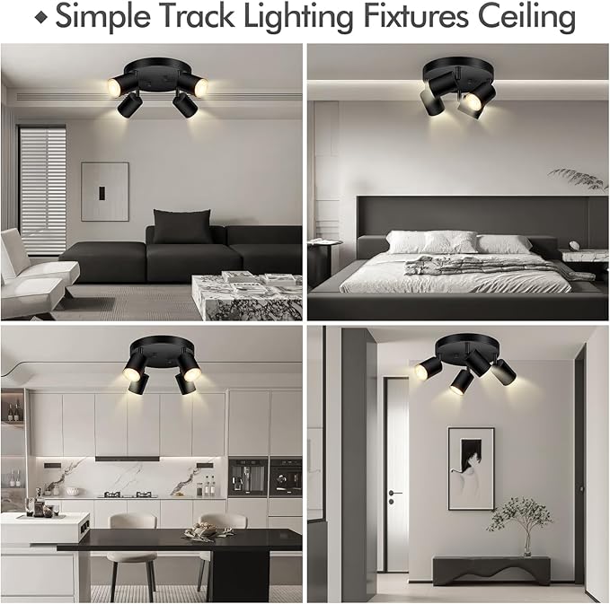 4 Light Track Lighting Fixtures Ceiling, Matte Black Round Directional Ceiling Spotlight, GU10 Flush Mount Track Fixture, Adjustable Modern LED Track Lights for Kitchen/Living Room, Bulb Not Included