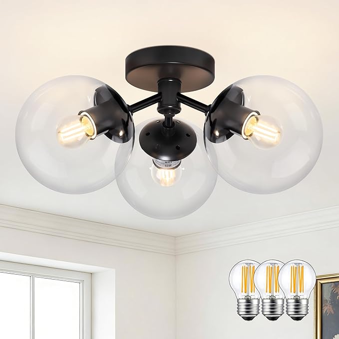 3-Light Modern Black Semi Flush Mount Ceiling Light Clear Glass Globe Ceiling Lights Mid Century Black Chandelier 3 Light Sputnik Ceilings Lights Fixture for Bedroom Hallway Entryway