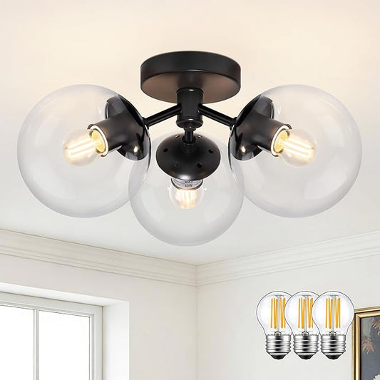3-Light Modern Black Semi Flush Mount Ceiling Light Clear Glass Globe Ceiling Lights Mid Century Black Chandelier 3 Light Sputnik Ceilings Lights Fixture for Bedroom Hallway Entryway